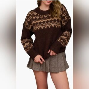 NWT Blu Pepper Fair Isle Crewneck Sweater Brown And Beige Wool Blend SZ L